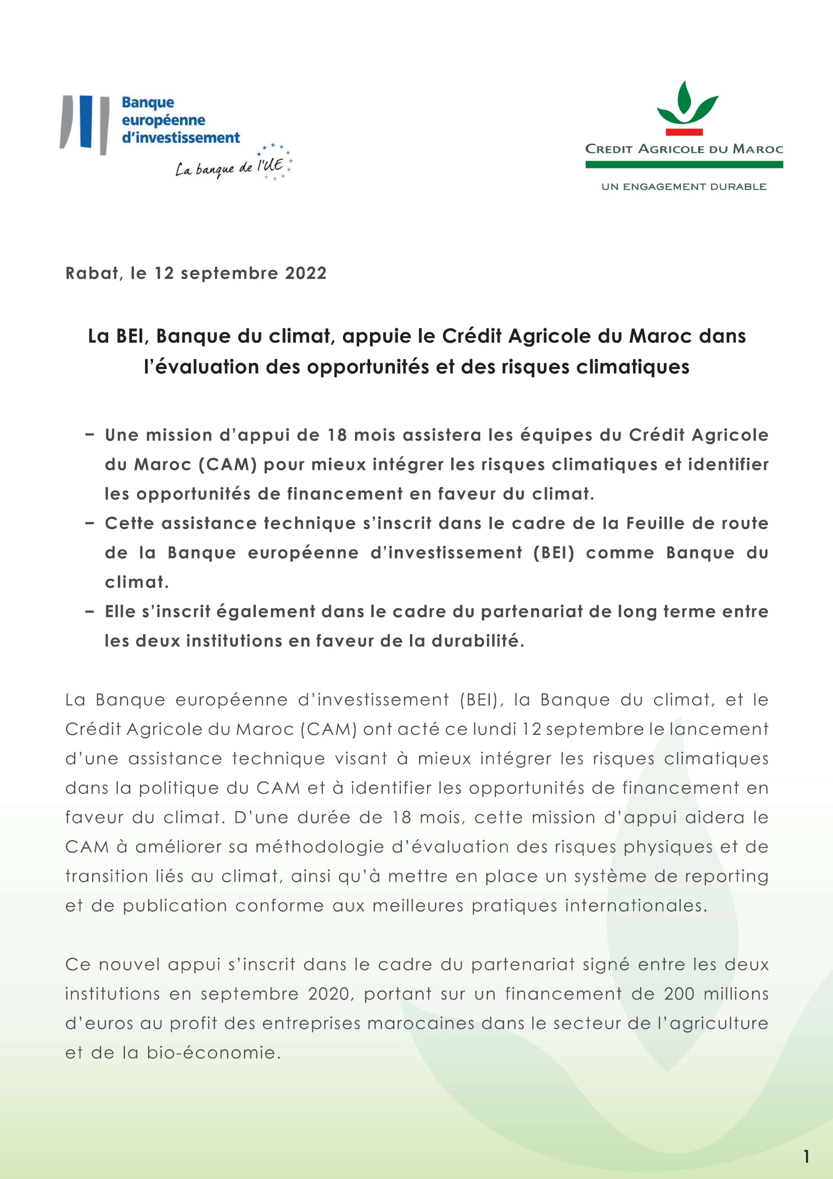 Communiqué de presse_La BEI, Banque du climat, appuie le Crédit Agricole du Maroc dans l’évaluation des opportunités et des risques climatiques_VF