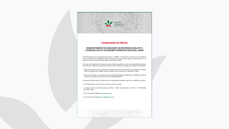 L’Autorité Marocaine du Marché des Capitaux -AMMC- a enregistré, en date du 24 juin 2022 et sous la référence N°EN/EM/011/2022, le document de référence relatif à l’exercice 2021 et au premier trimestre 2022 du CAM.